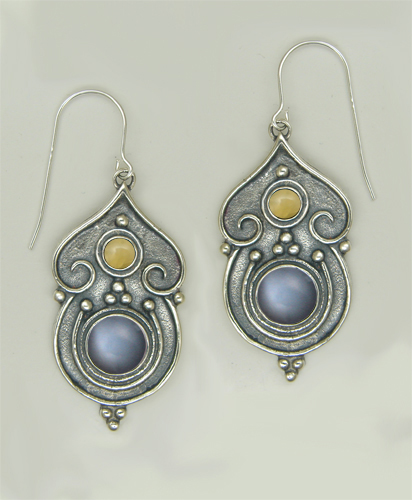 Sterling Silver Gothic Inspired Drop Dangle Earrings With Grey Moonstone And Yellow Jade